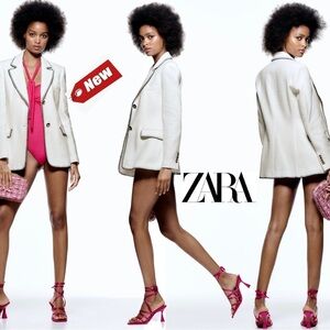 Zara seamed straight cut blazer white black stitched trim tailored Sz M NWT